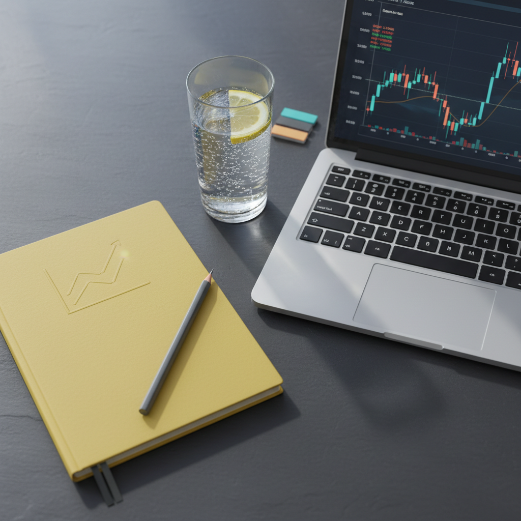 A close-up, overhead view of a sleek, dark slate workspace where a lemon-yellow notebook embossed with a subtle line-graph icon lies open beside a slim silver laptop showing softly blurred financial dashboards. A transparent glass of sparkling water with a thin slice of lemon rests nearby, tiny bubbles catching the light. A graphite mechanical pencil and a small stack of color-coded sticky tabs introduce subtle accents of teal and charcoal. Soft, diffused daylight from an unseen window creates minimal shadows and crisp highlights across the smooth surfaces. Photographic realism with a minimalist, professional aesthetic, composed using the rule of thirds for visual balance. The mood is clear, organized, and accessible, suggesting Wall Street-grade analysis made approachable for everyday investors.